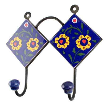 Navy Blue And Yellow Ceramic Floral Tiles Hook